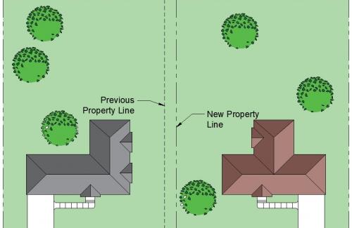 Bird's eye view of two homes with a property line adjustment.
