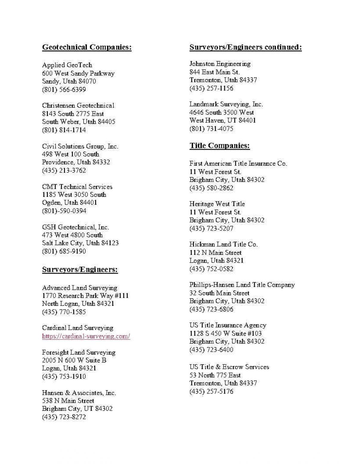 Contact List of Surveyors/Engineers, Geotechnical and Title Companies