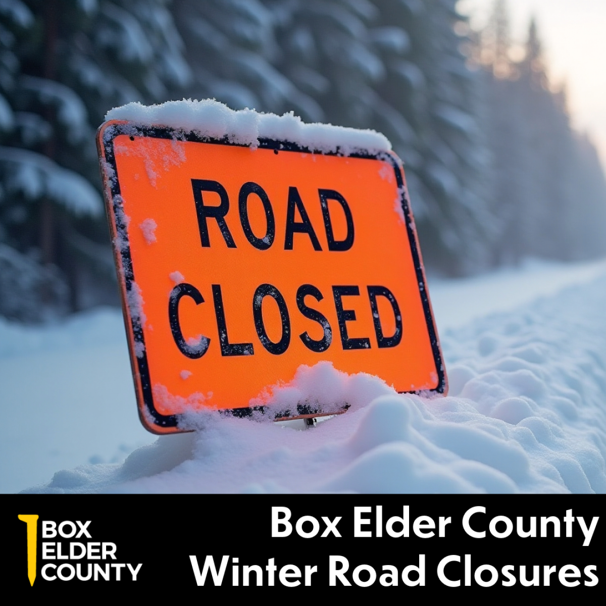 Orange Road Closed Sign in the Snow Box Elder County, utah