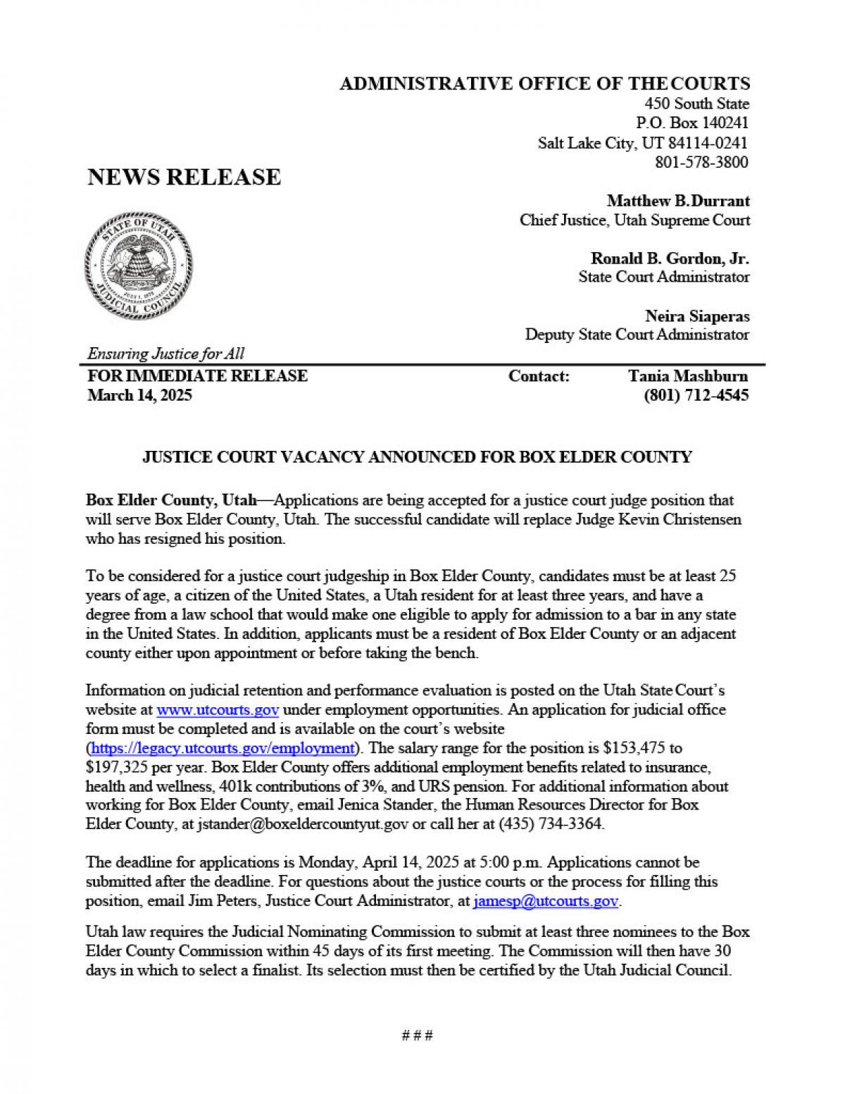 JUSTICE COURT VACANCY ANNOUNCED FOR BOX ELDER COUNTY 